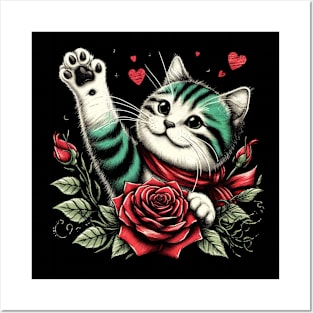 Cute Cat Paw Red Roses Posters and Art